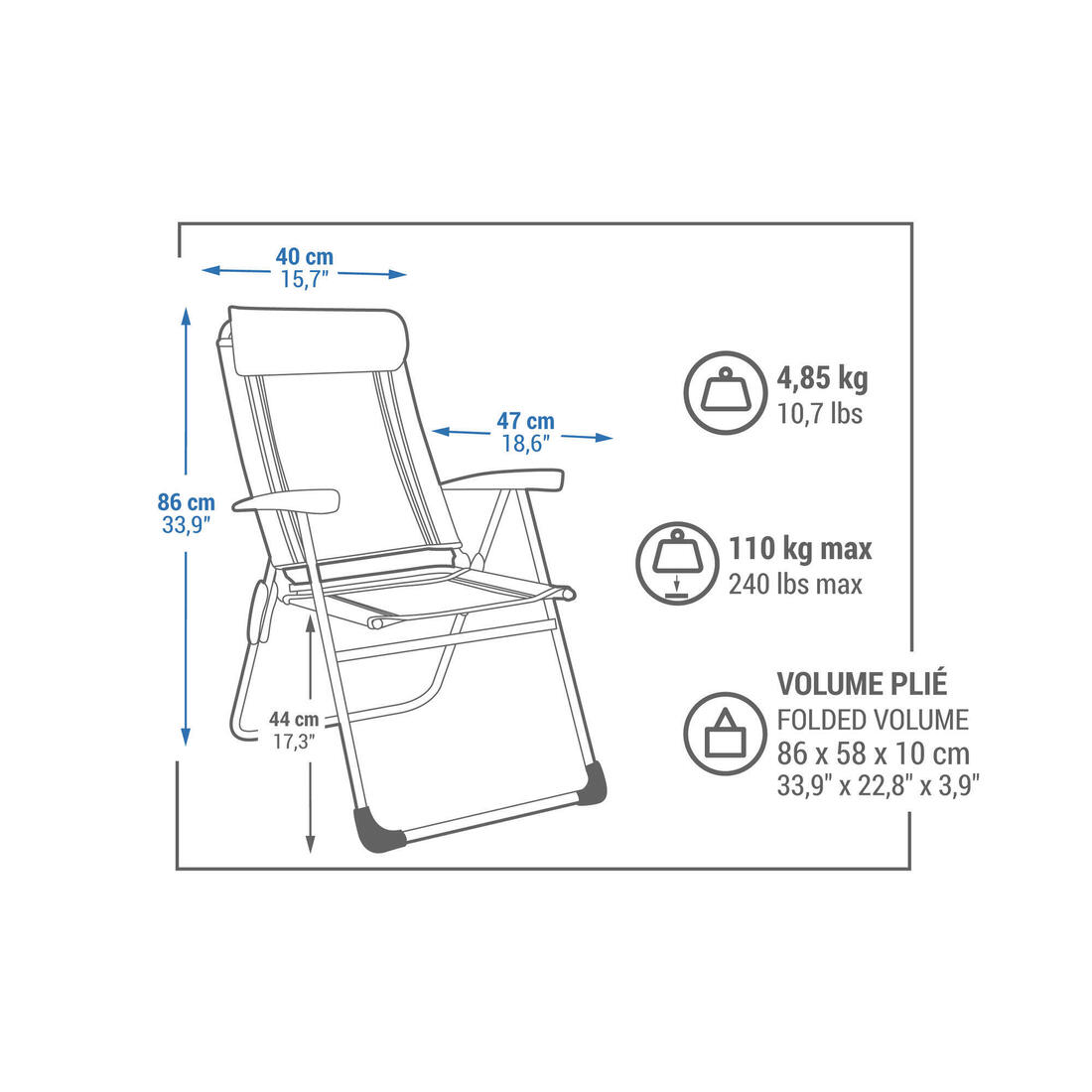 Camping Comfortable Reclining Folding Armchair - steel/aluminium